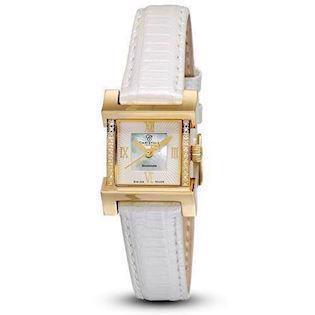 Christina Design London gold ladies watch with white strap and diamonds